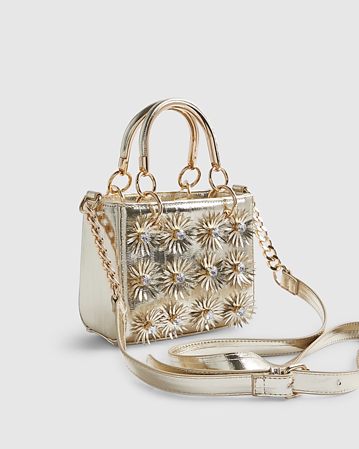 Gold 3D Floral Applique Tote Bag