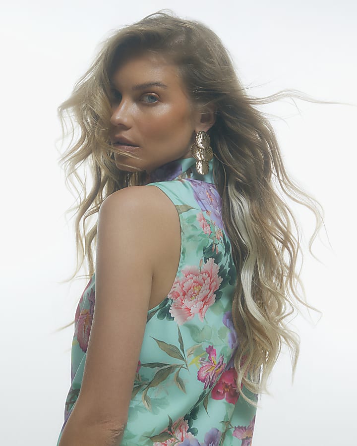 Blue Floral Tassel Tank Top