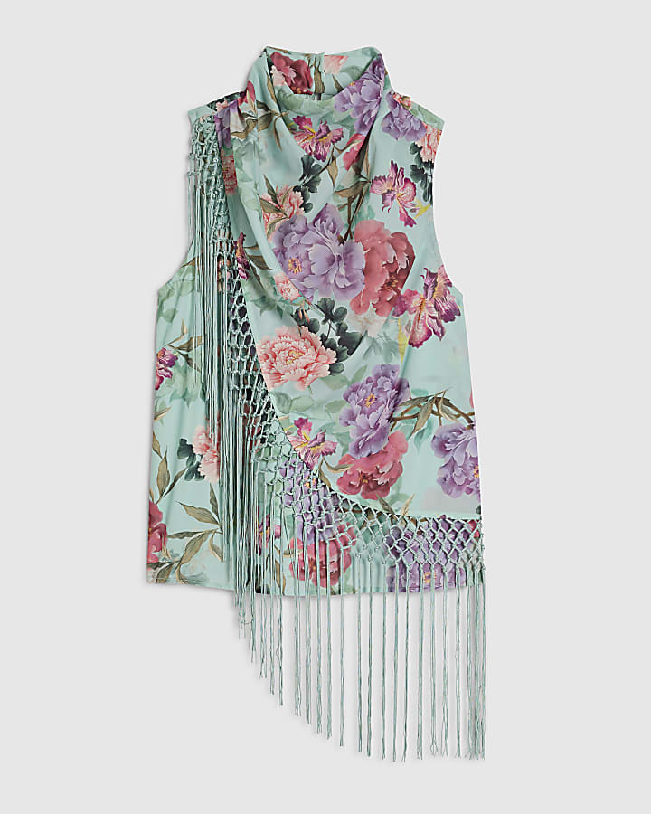 Blue Floral Tassel Tank Top