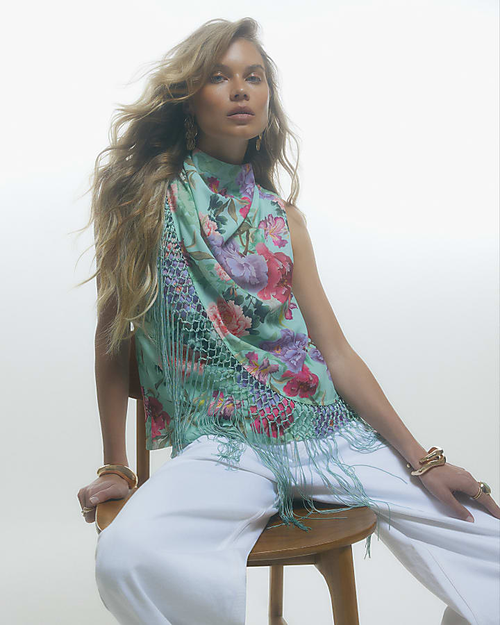 Blue Floral Tassel Tank Top