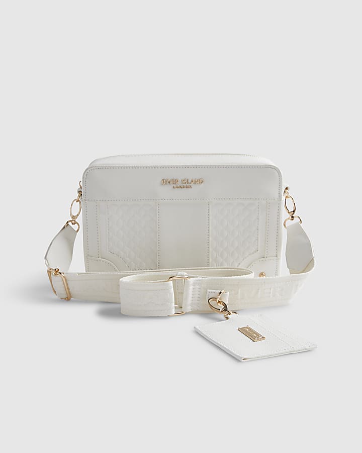 White Embossed Paneled Crossbody Bag