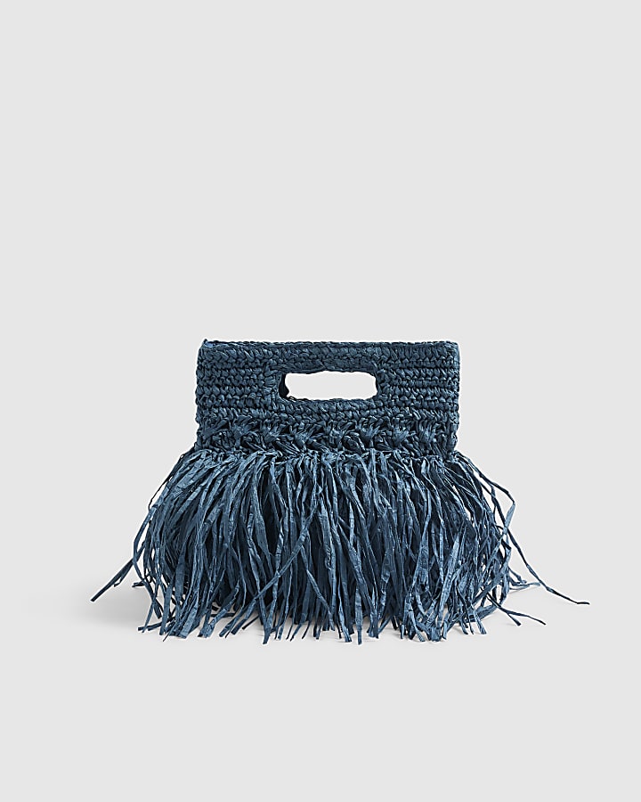 Blue Raffia Fringed Clutch Bag