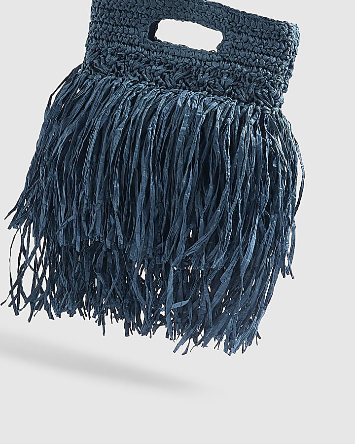 Blue Raffia Fringed Clutch Bag
