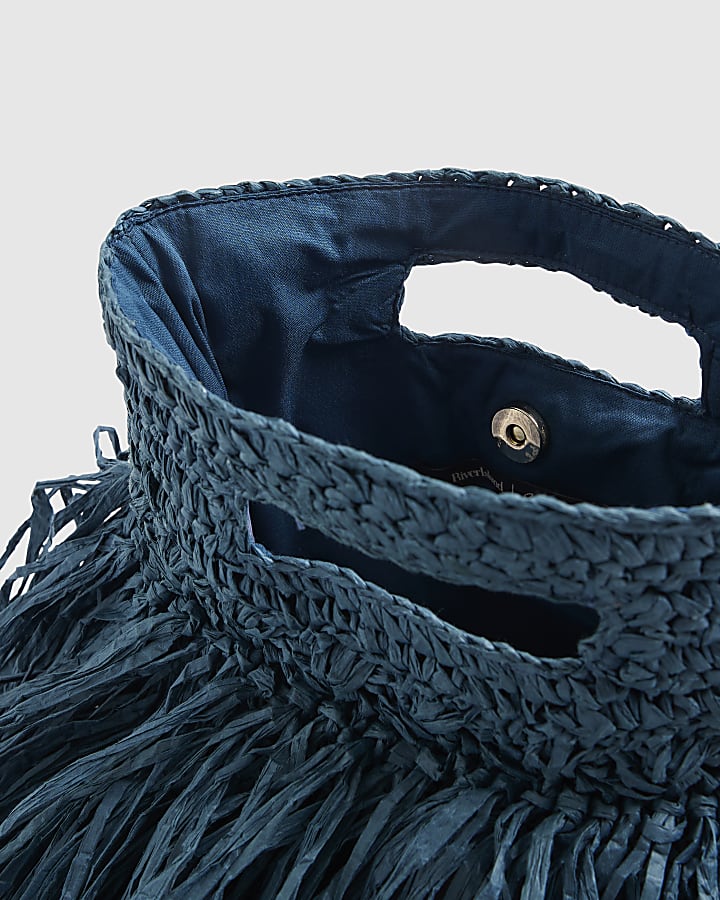 Blue Raffia Fringed Clutch Bag