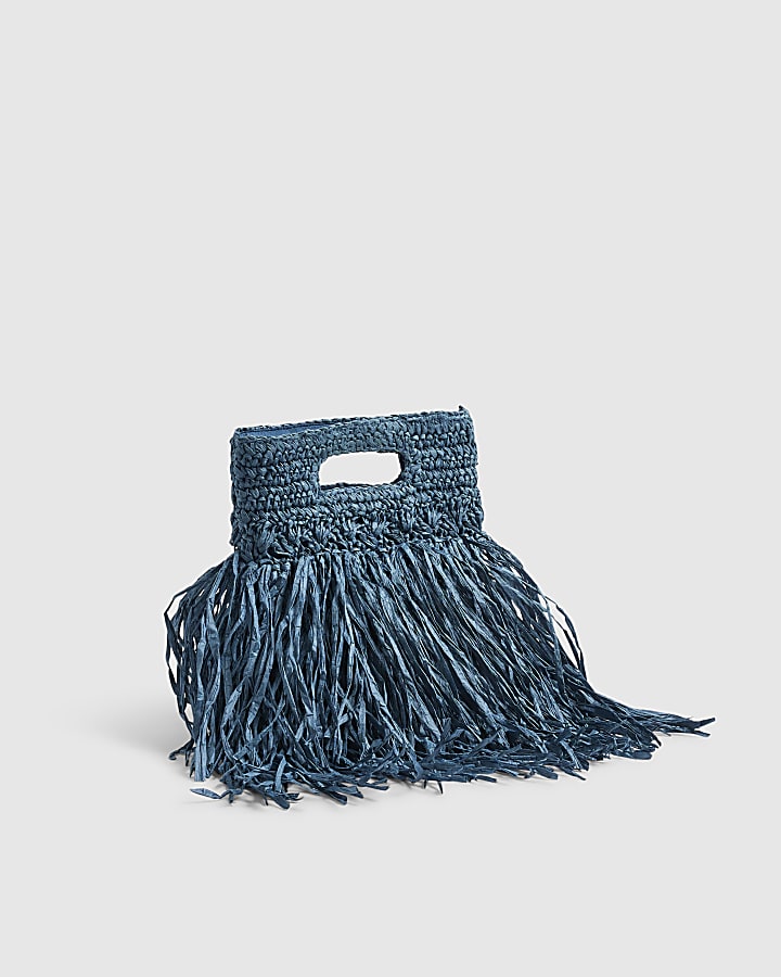 Blue Raffia Fringed Clutch Bag