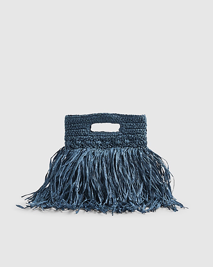 Blue Raffia Fringed Clutch Bag
