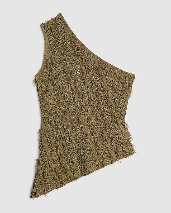 Khaki Knitted Asymmetric Fringed Top