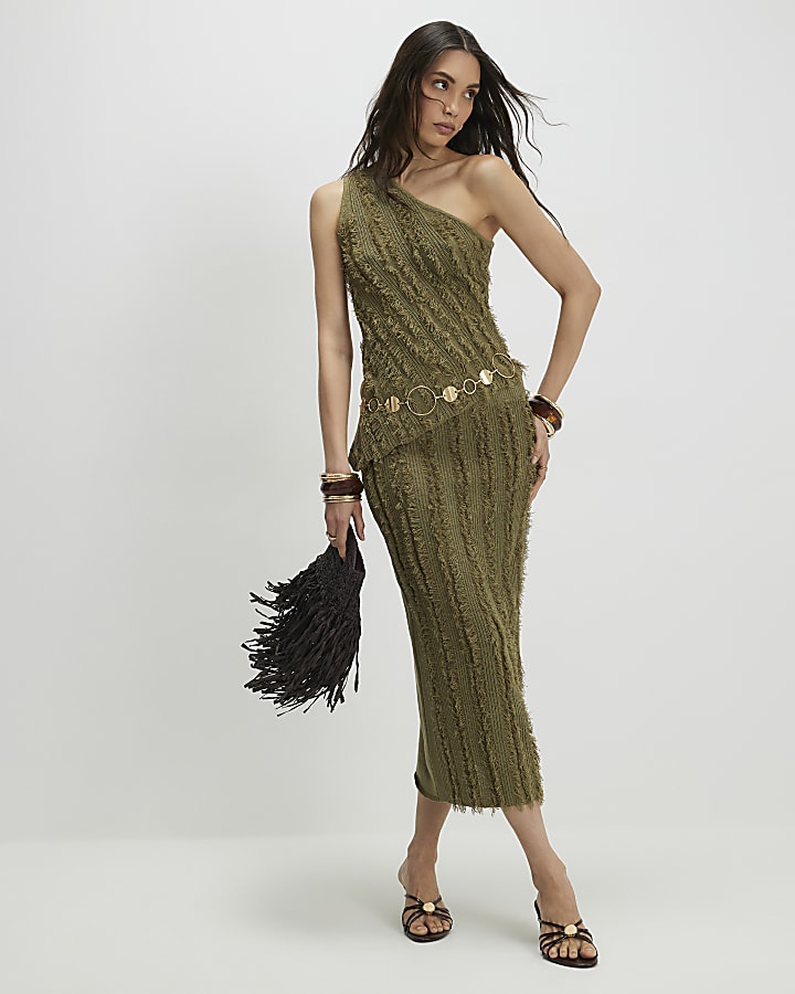 Khaki Knitted Asymmetric Fringed Top