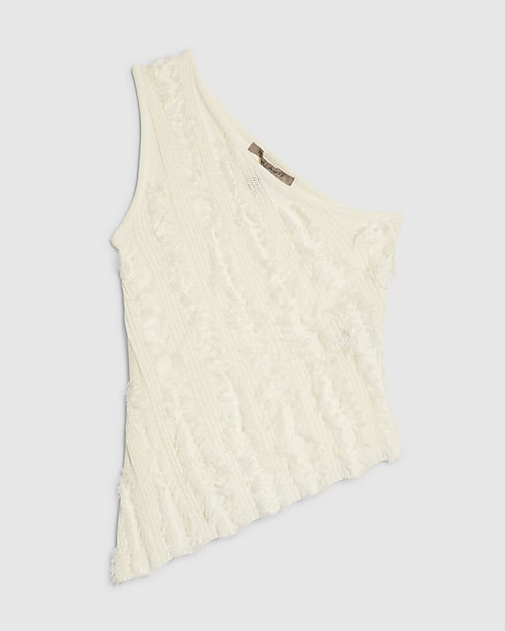 White Knitted Asymmetric Fringed Top