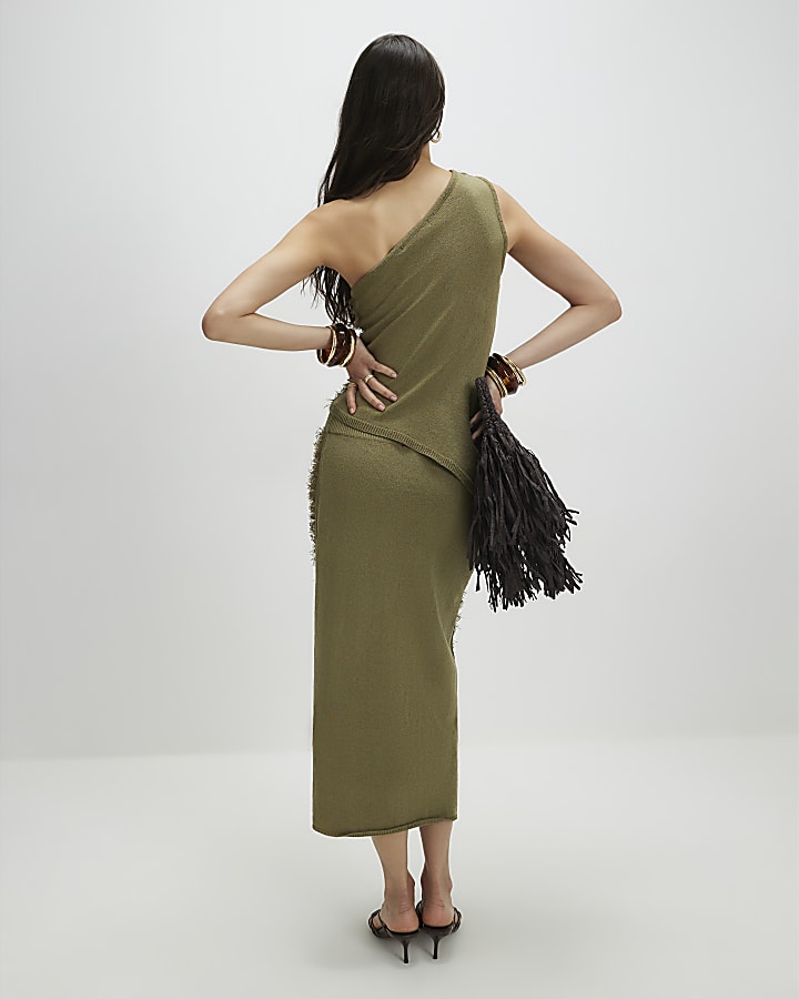 Khaki Knitted Fringed Midi Skirt