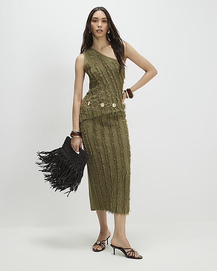 Khaki Knitted Fringed Midi Skirt