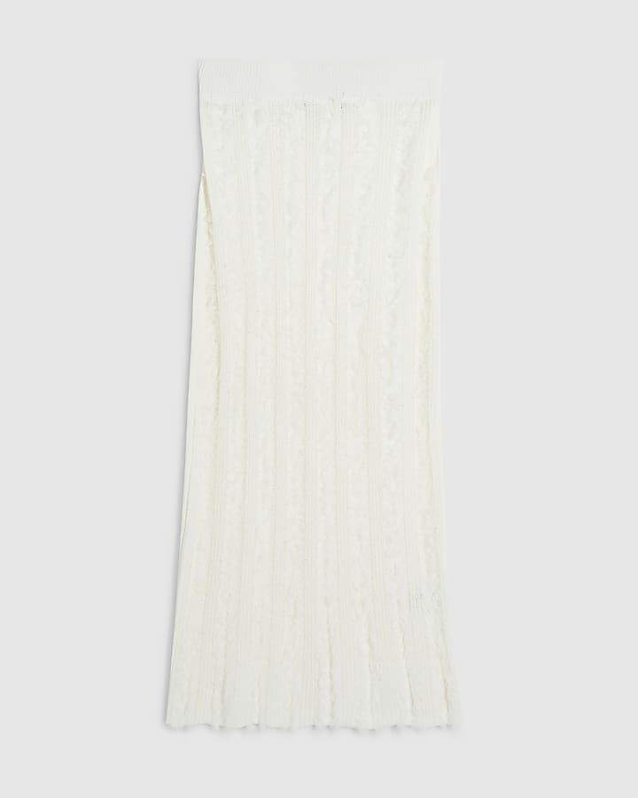 White Knitted Fringed Midi Skirt