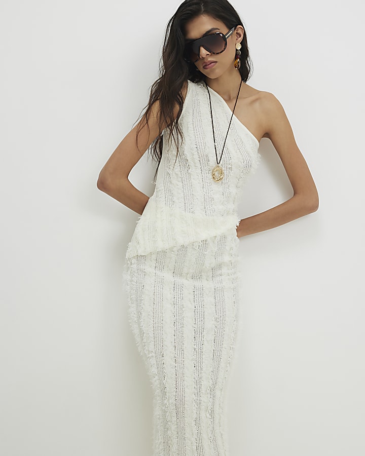 White Knitted Fringed Midi Skirt