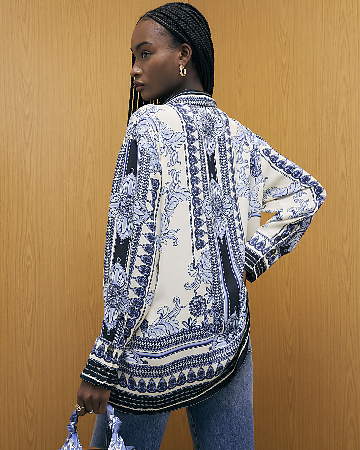 Blue Satin Border Print Shirt