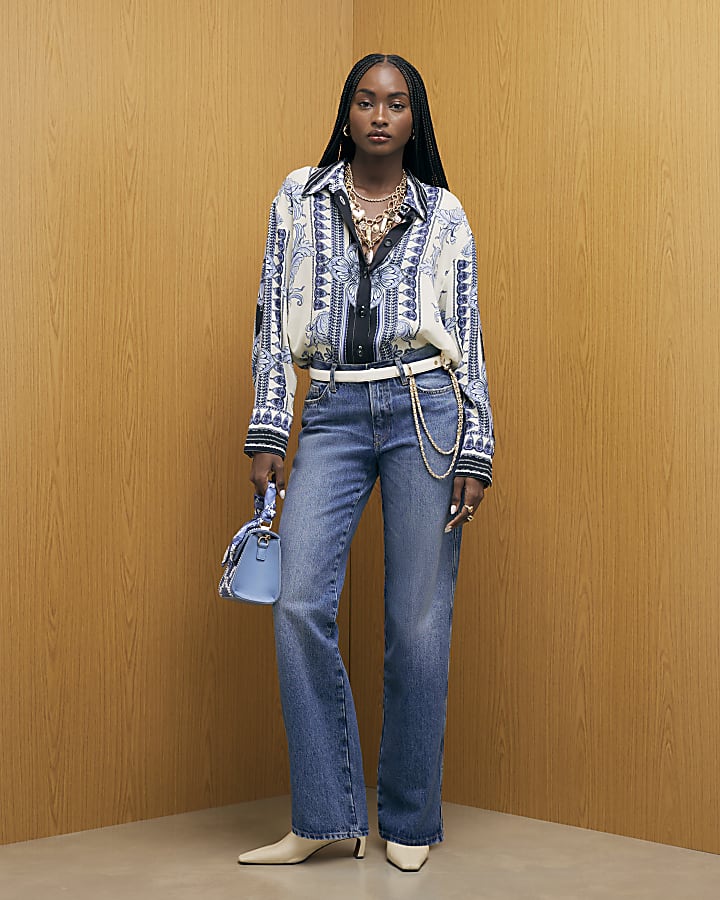 Blue Satin Border Print Shirt