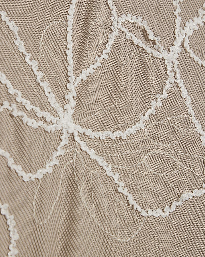 Beige Floral Embroidered T-Shirt
