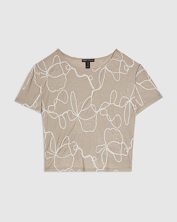Beige Floral Embroidered T-Shirt