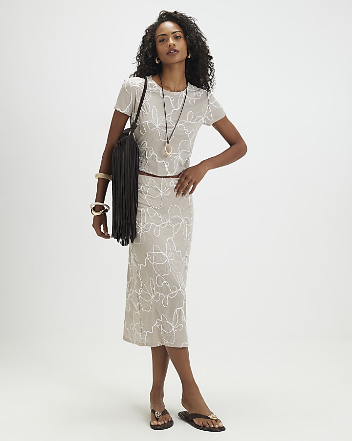 Beige Floral Embroidered T-Shirt