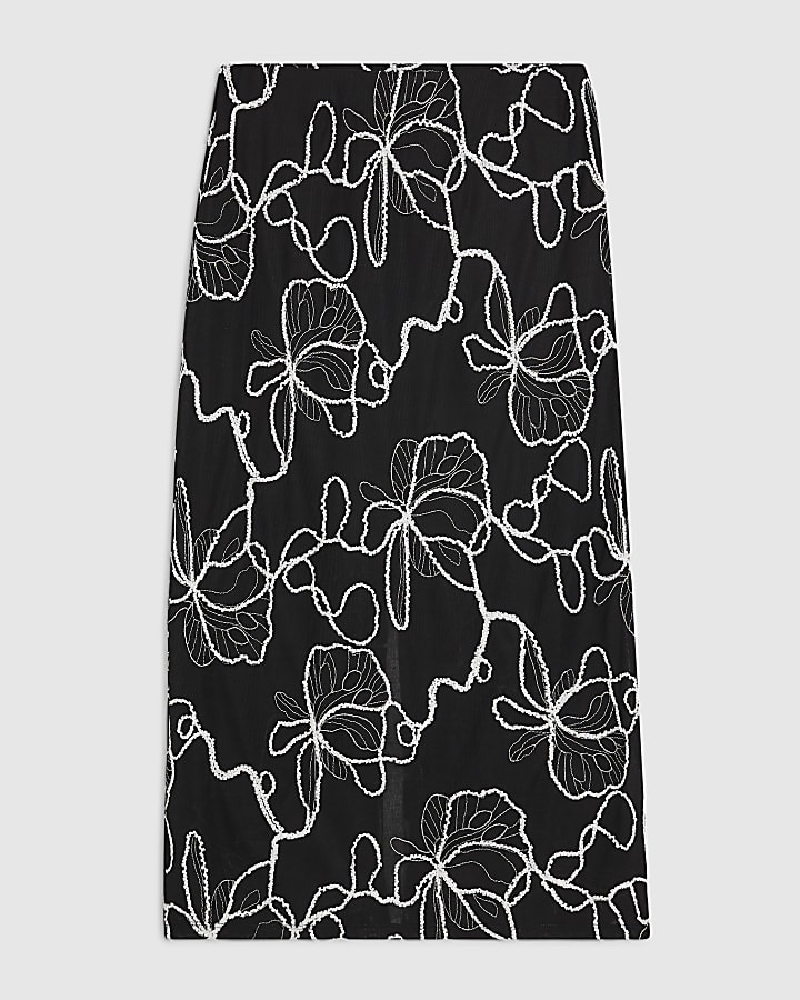 Black Embroidered Midi Skirt