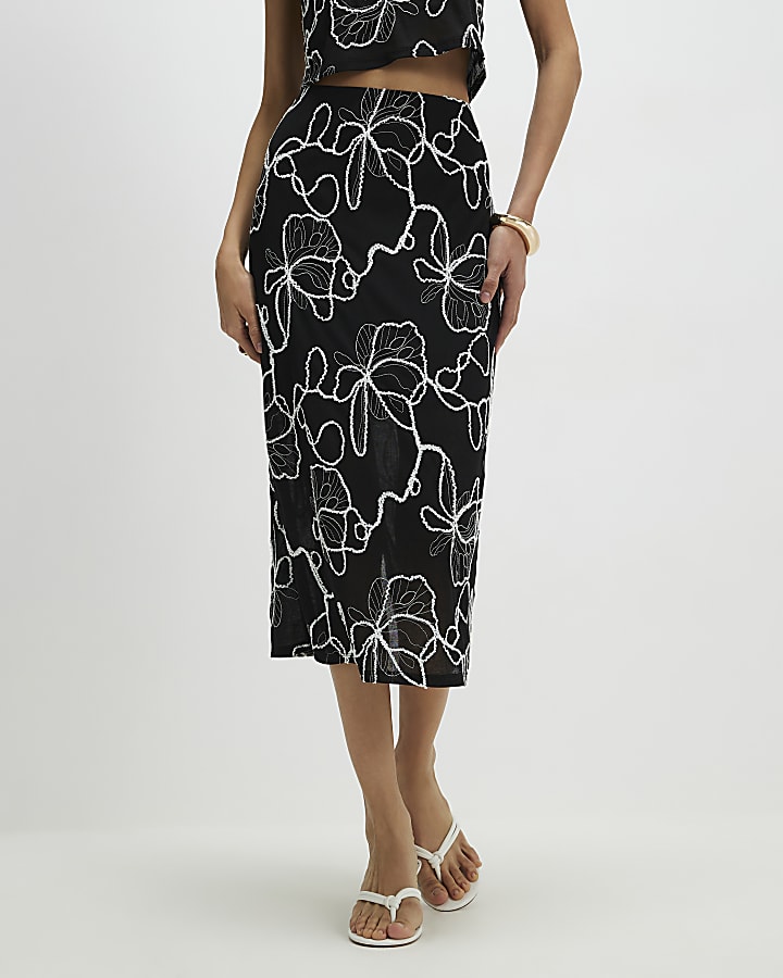 Black Embroidered Midi Skirt