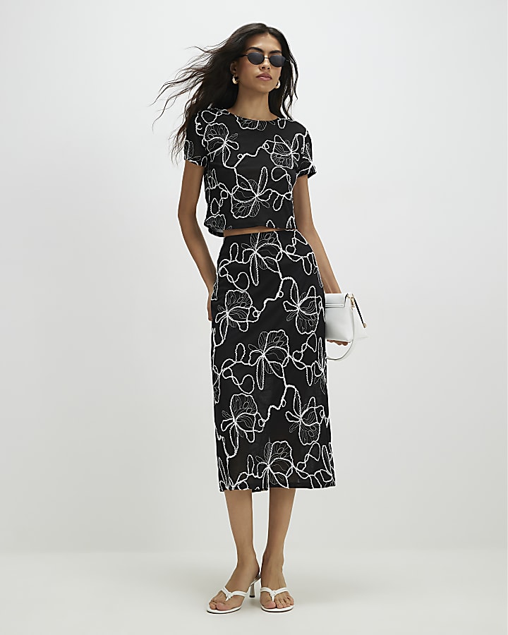 Black Embroidered Midi Skirt