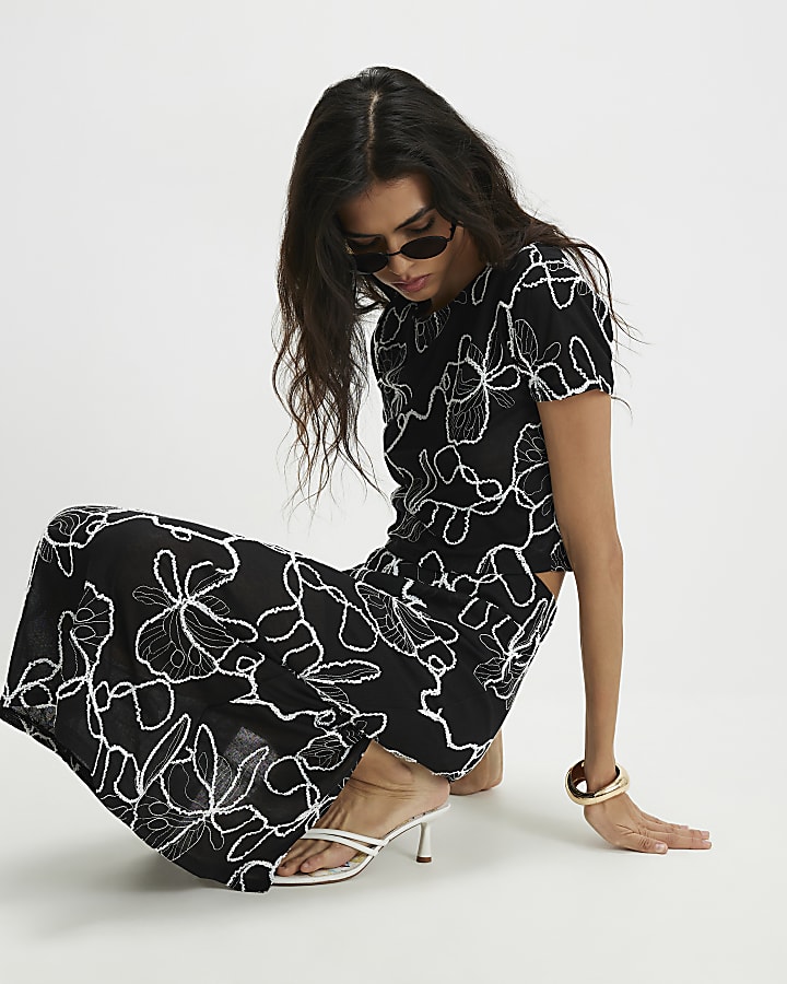 Black Embroidered Midi Skirt