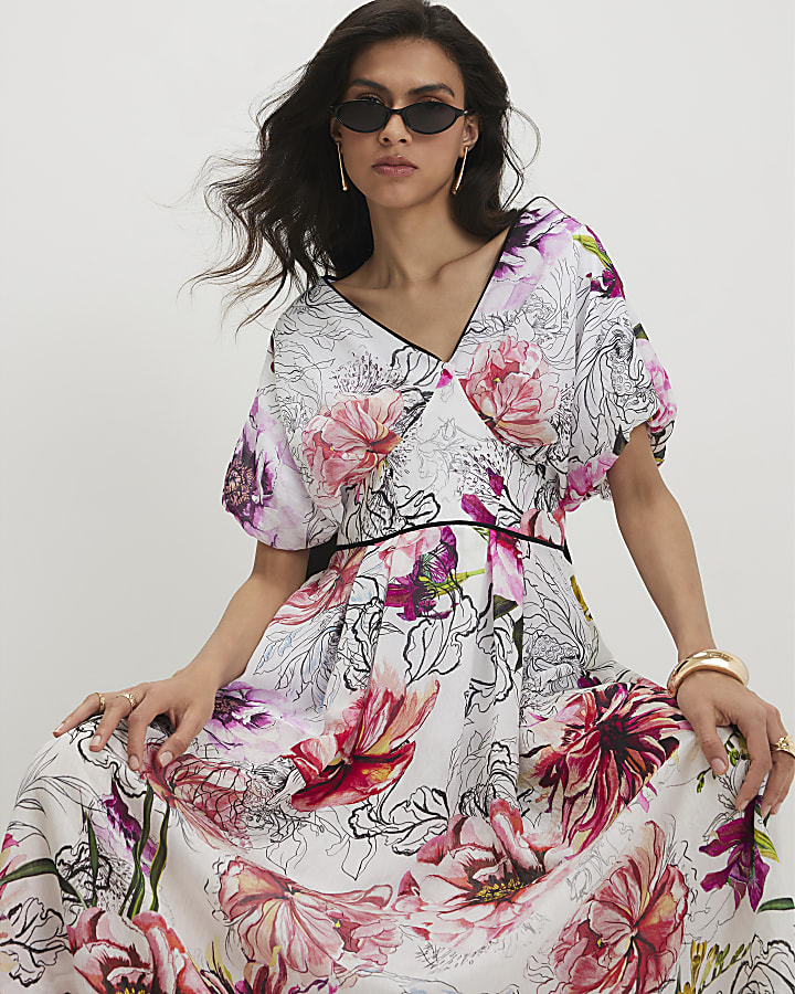 Pink Printed Puff Sleeve Midi Dress