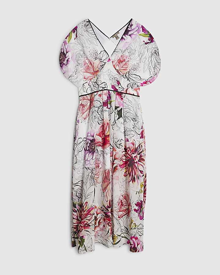 Pink Floral Printed Puff Sleeve Midi Dress