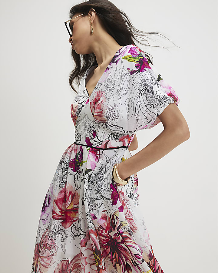 Pink Printed Puff Sleeve Midi Dress