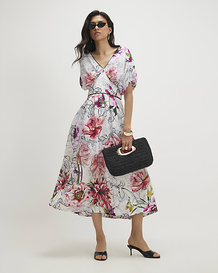 Pink Printed Puff Sleeve Midi Dress