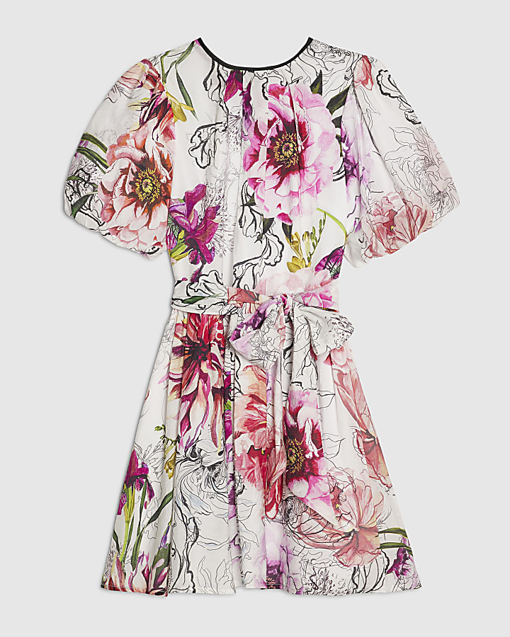 Pink Floral Puff Sleeve Mini Dress
