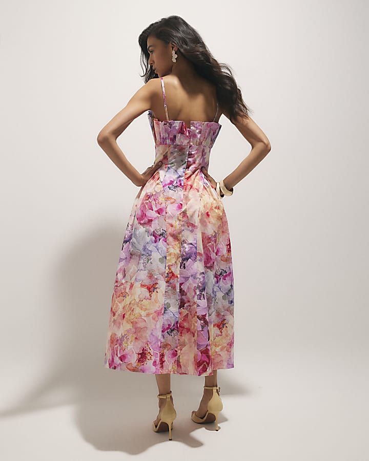 Pink Floral Print Midi Dress