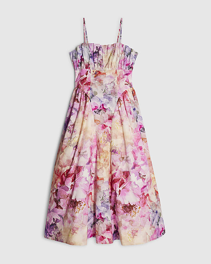 Pink Floral Print Midi Dress