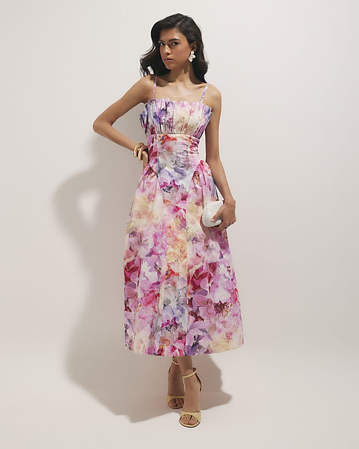 Pink Floral Print Midi Dress