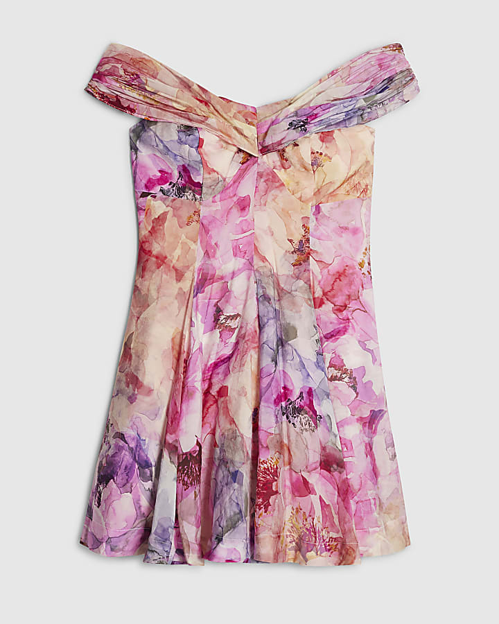 Pink Floral Print Bardot Mini Dress