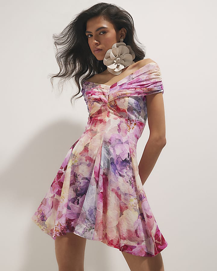 Pink Floral Print Bardot Mini Dress