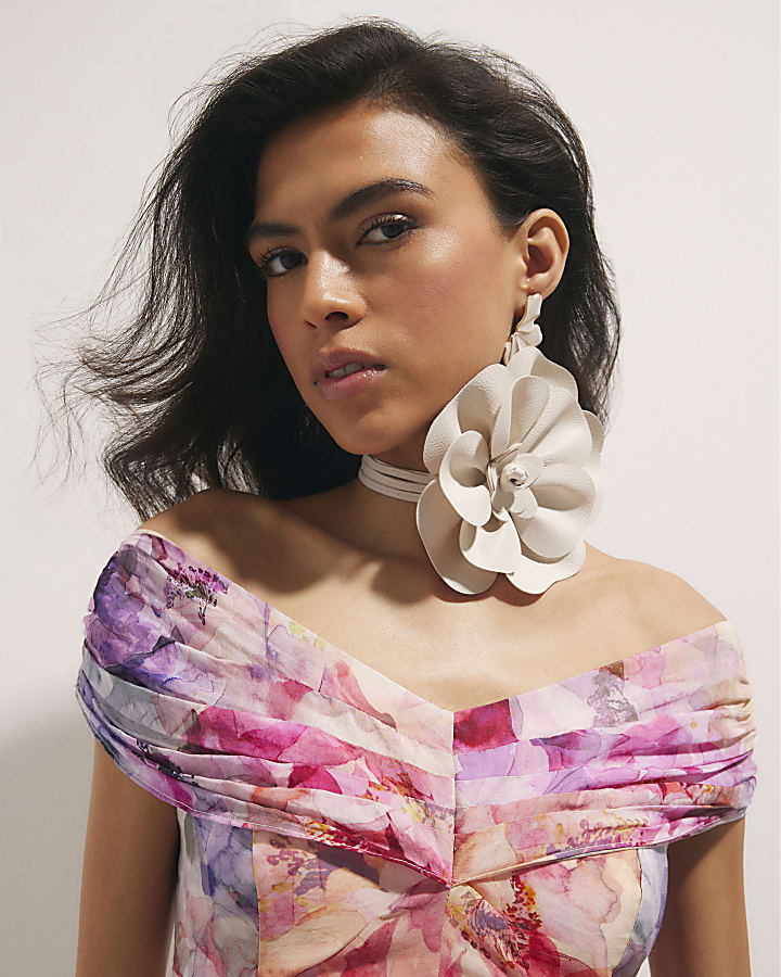 Pink Floral Print Bardot Mini Dress