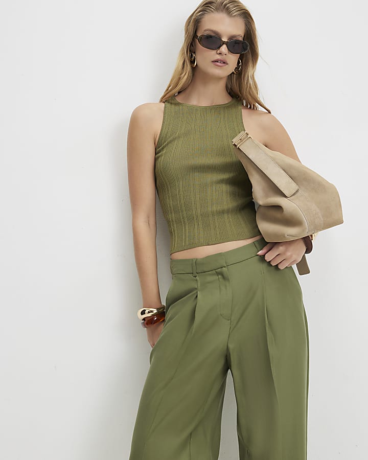 Green Pleat Detail Wide Leg Trousers