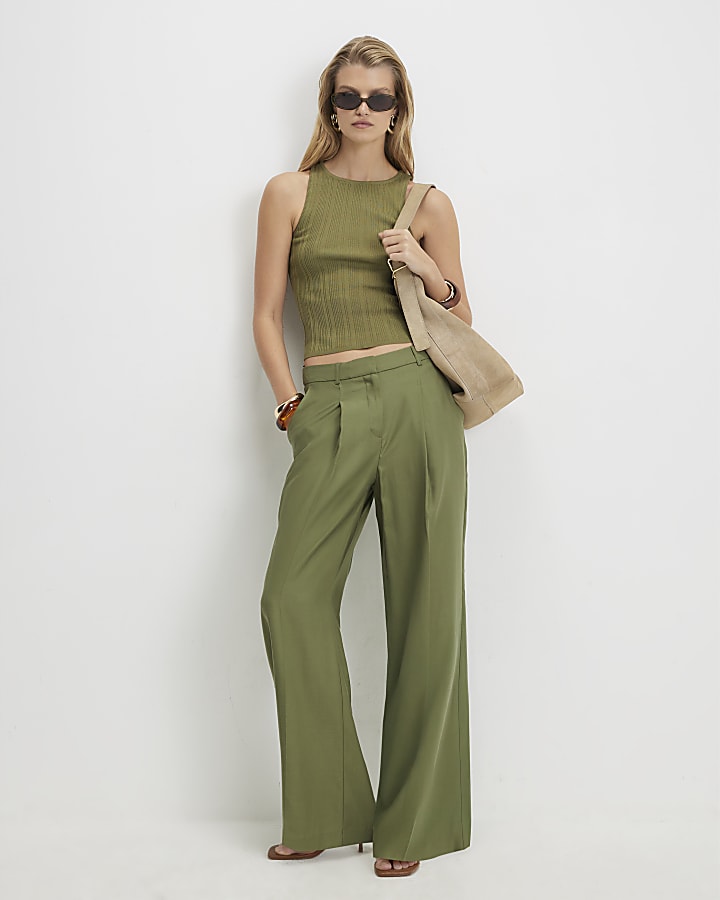 Green Pleat Detail Wide Leg Trousers