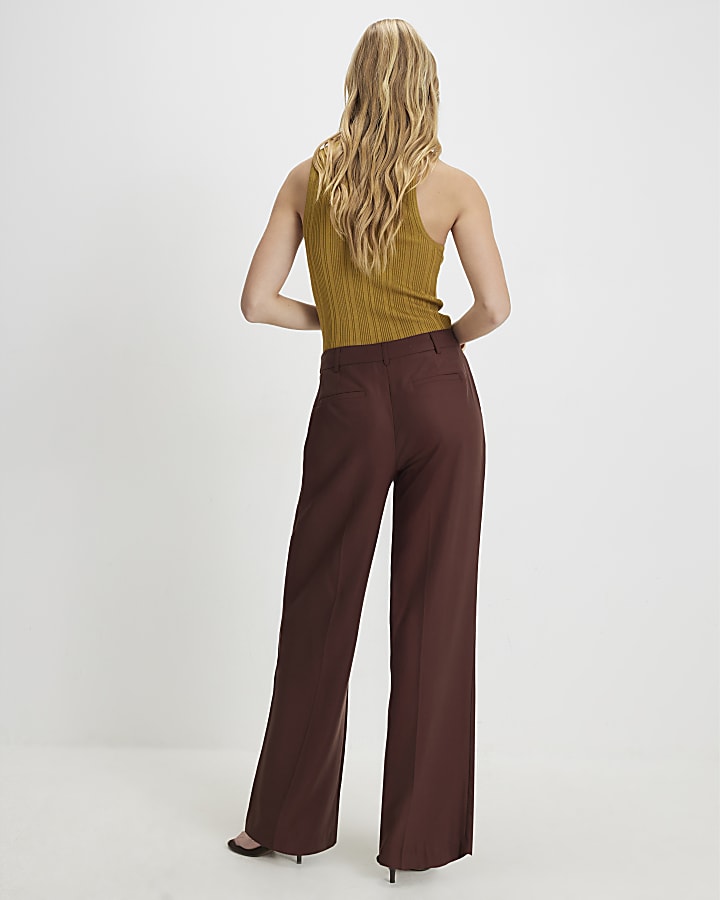 Brown Pleat Detail Wide Leg Trousers