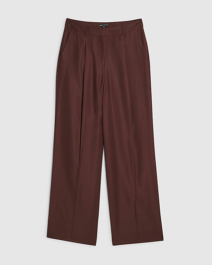 Brown Pleat Detail Wide Leg Trousers