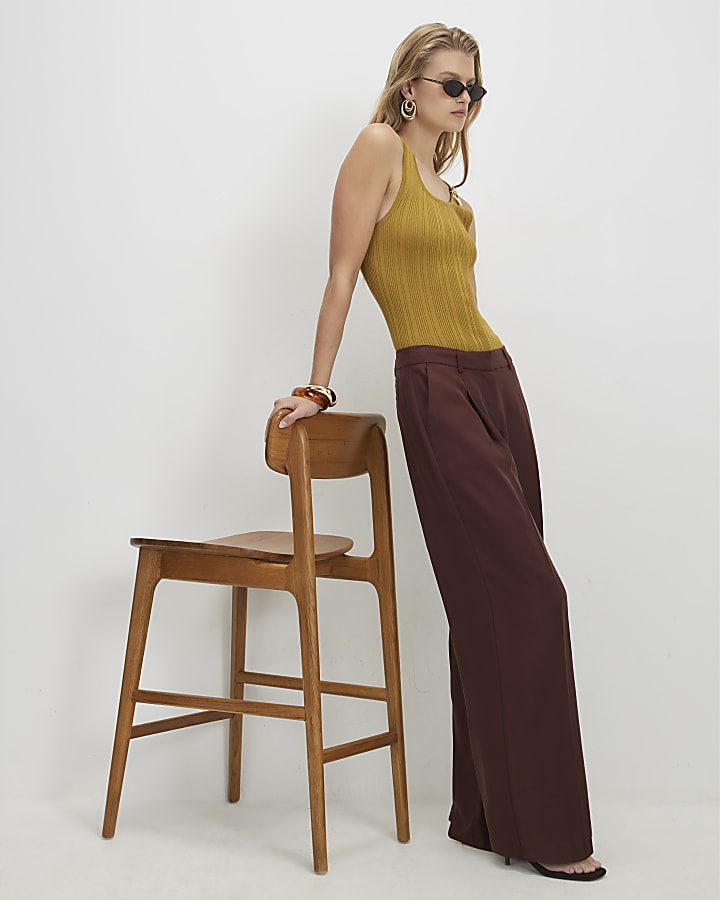 Brown Pleat Detail Wide Leg Trousers