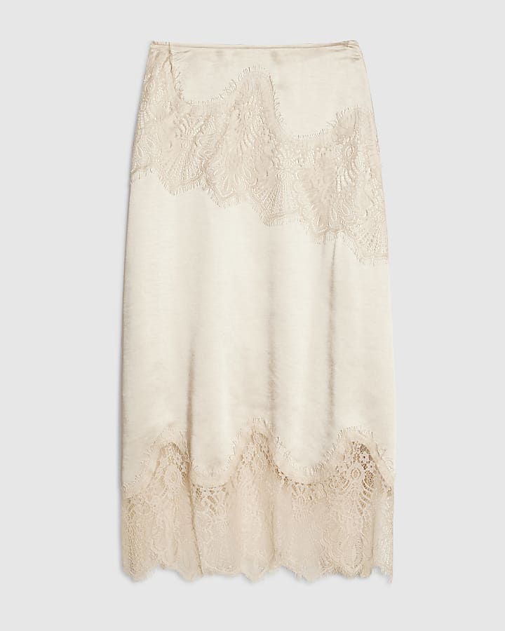 Cream Lace Satin Midi Skirt
