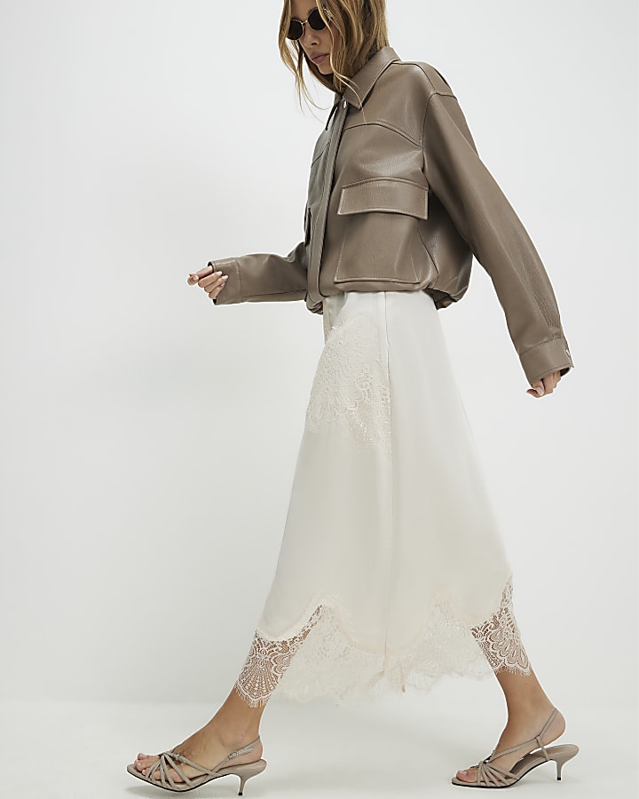 Cream Lace Satin Midi Skirt