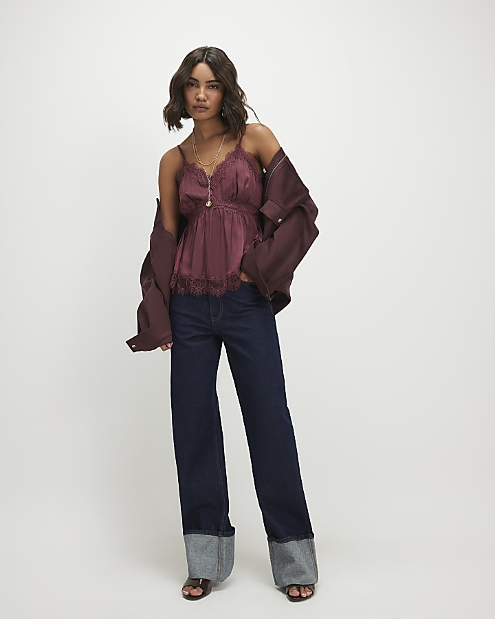 Red Satin Lace Trim Cami