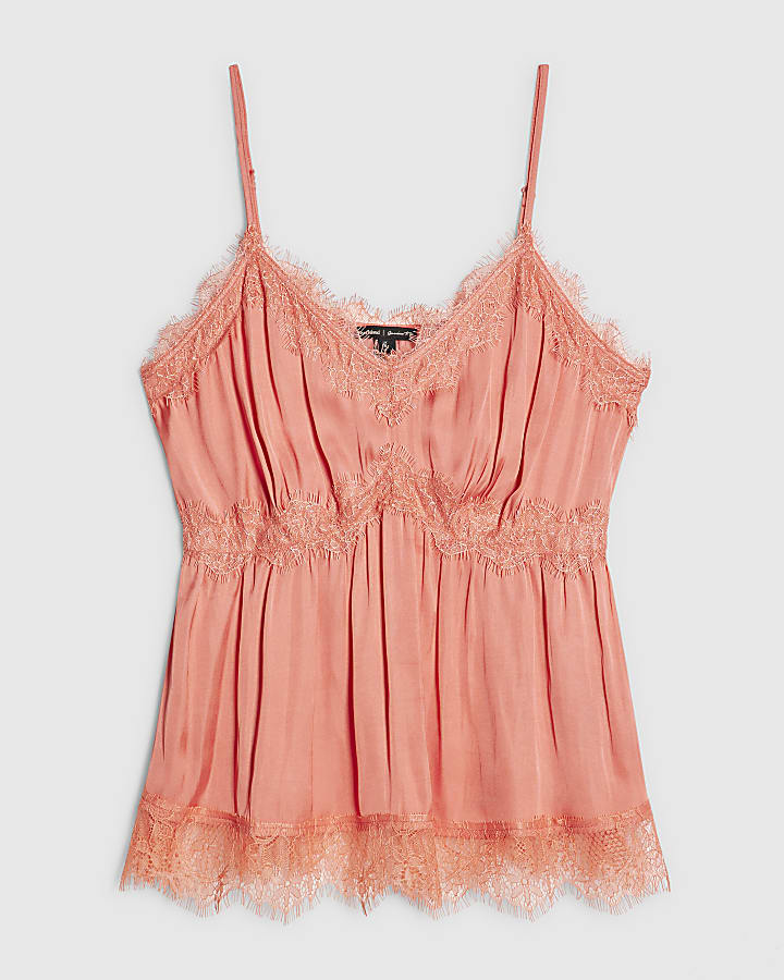 Pink Satin Lace Trim Cami