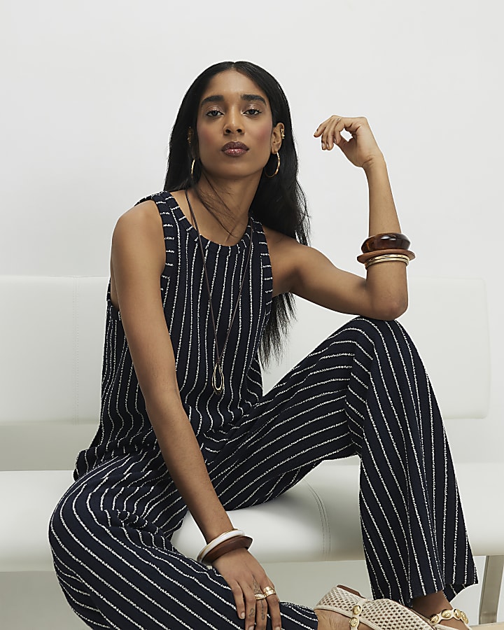 Navy Stripe Wide Leg Joggers