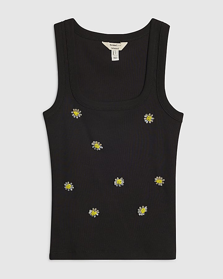 Black Daisy Embellished Tank Top