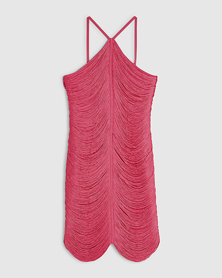 Pink Halter Neck Fringe Mini Dress