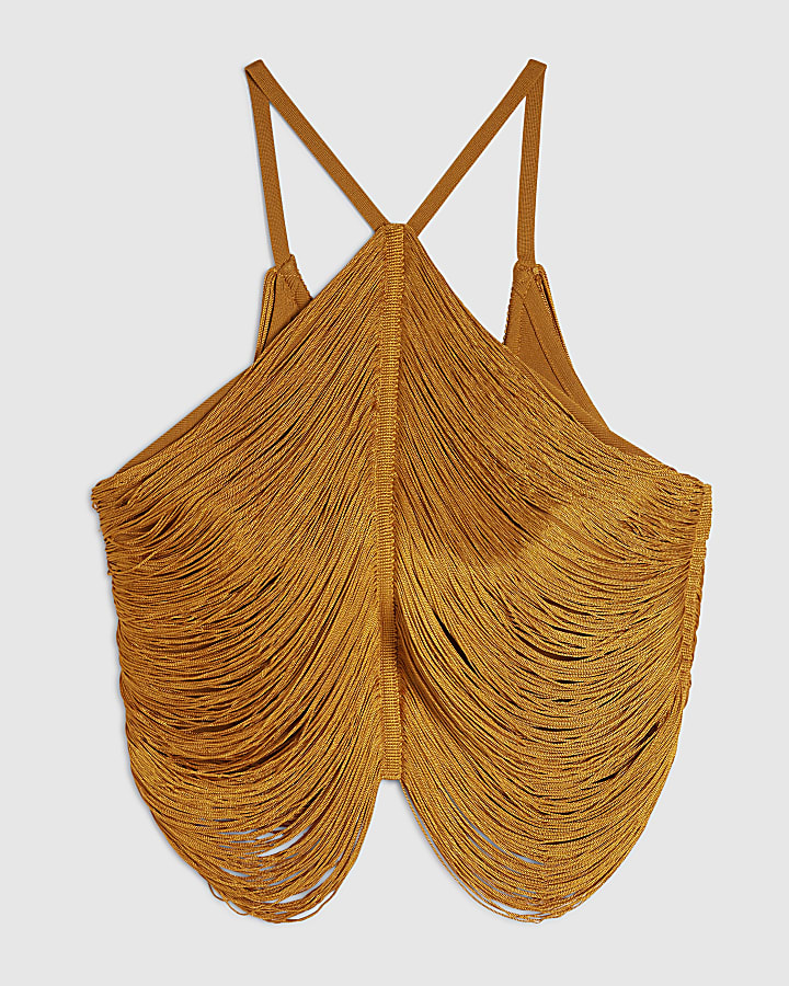 Brown Halter Neck Fringe Top